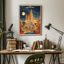 Barcelona Nightscape with Sagrada Familia Travel Poster PosterGoat
