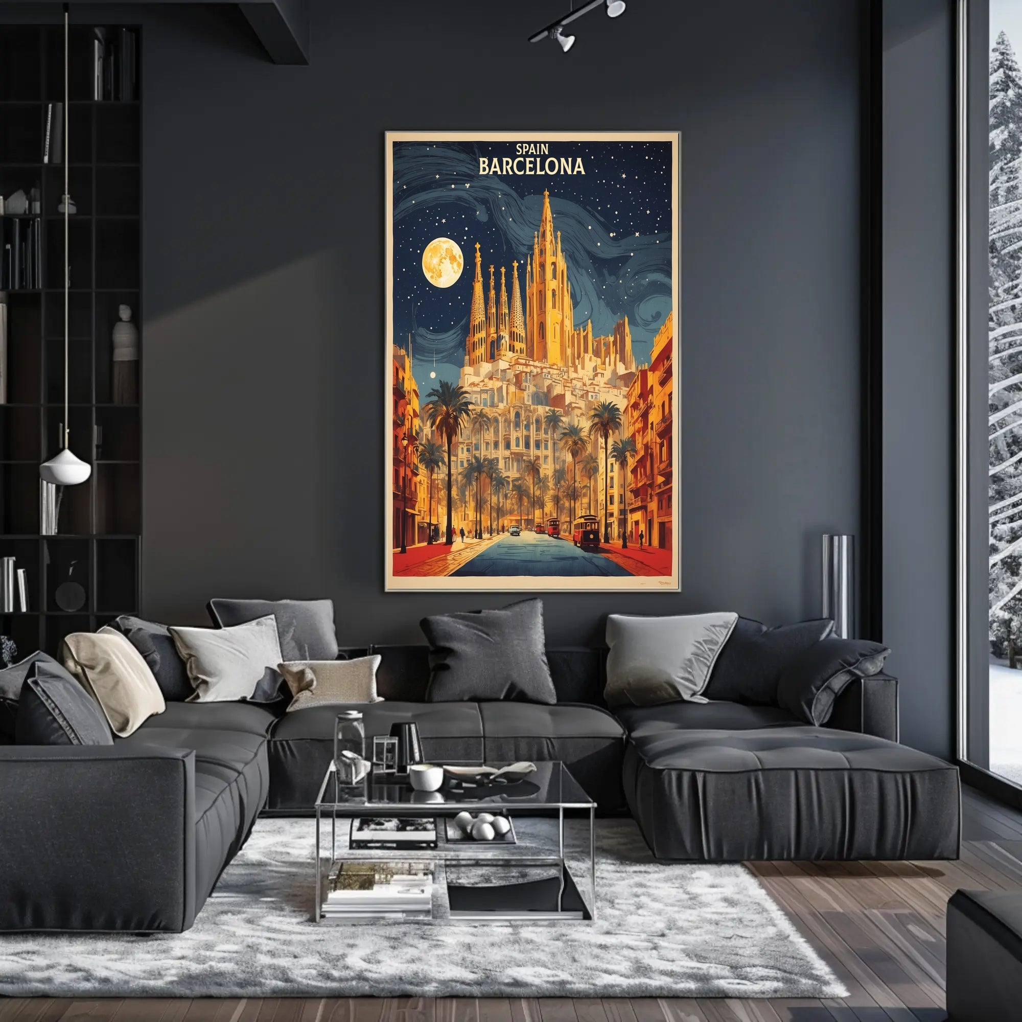 Barcelona Nightscape with Sagrada Familia Travel Poster PosterGoat
