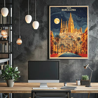 Barcelona Nightscape with Sagrada Familia Travel Poster PosterGoat