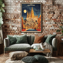 Barcelona Nightscape with Sagrada Familia Travel Poster PosterGoat