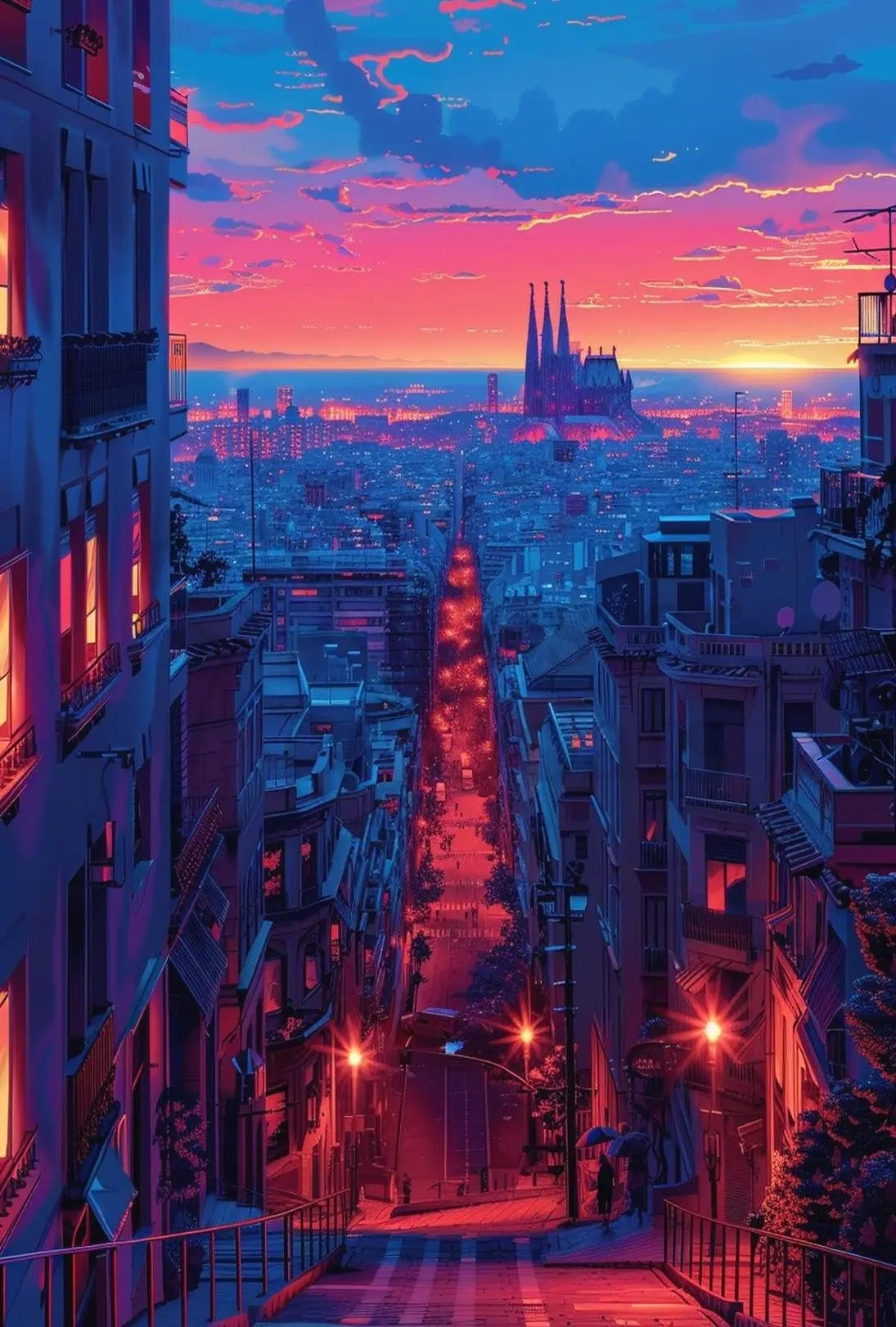 Barcelona Twilight Cityscape: Vibrant Urban Travel Poster PosterGoat