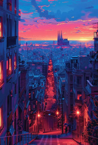 Barcelona Twilight Cityscape: Vibrant Urban Travel Poster PosterGoat