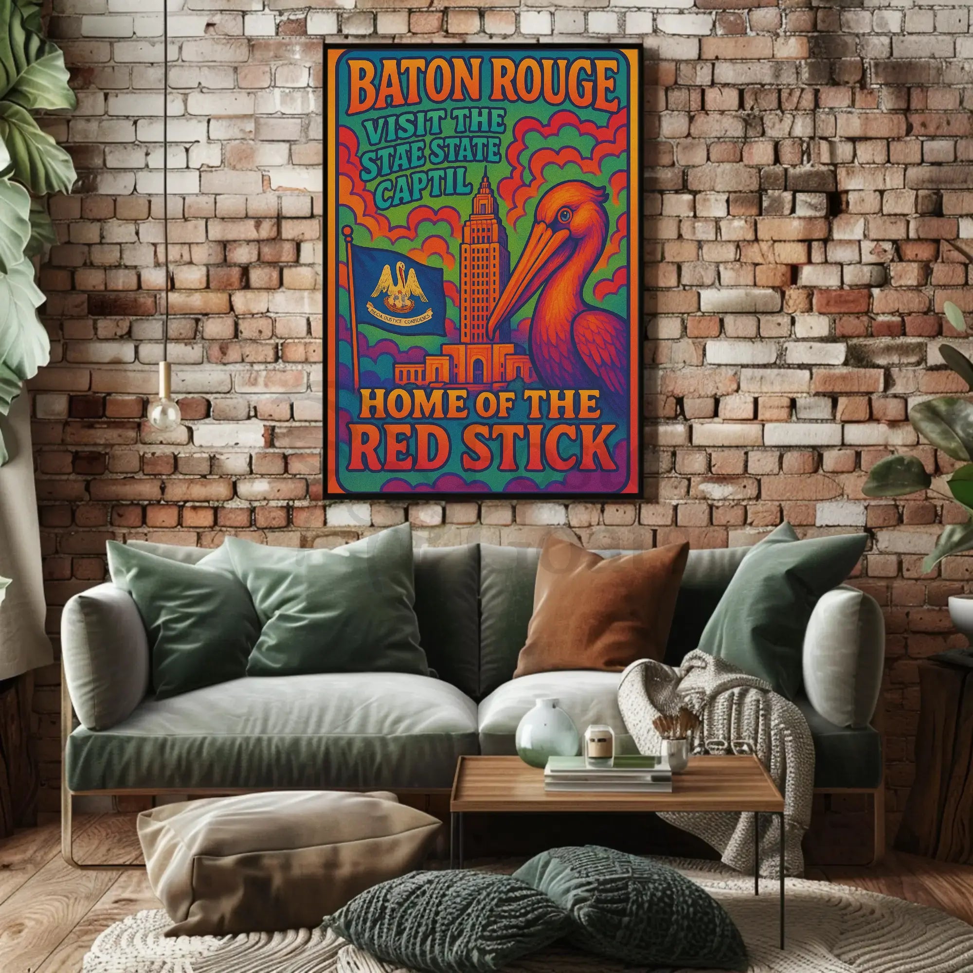 Baton Rouge Retro Pelican Travel Poster PosterGoat