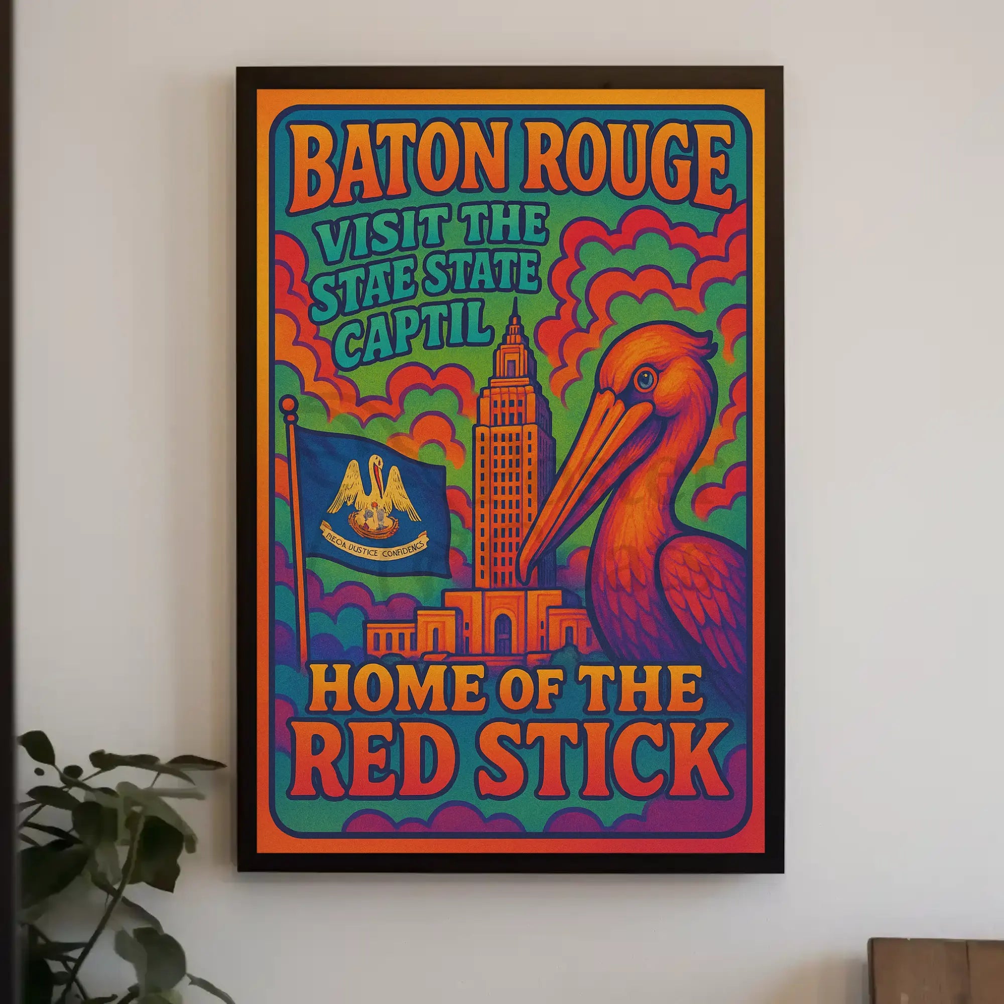Baton Rouge Retro Pelican Travel Poster PosterGoat