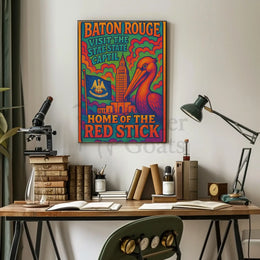 Baton Rouge Retro Pelican Travel Poster PosterGoat