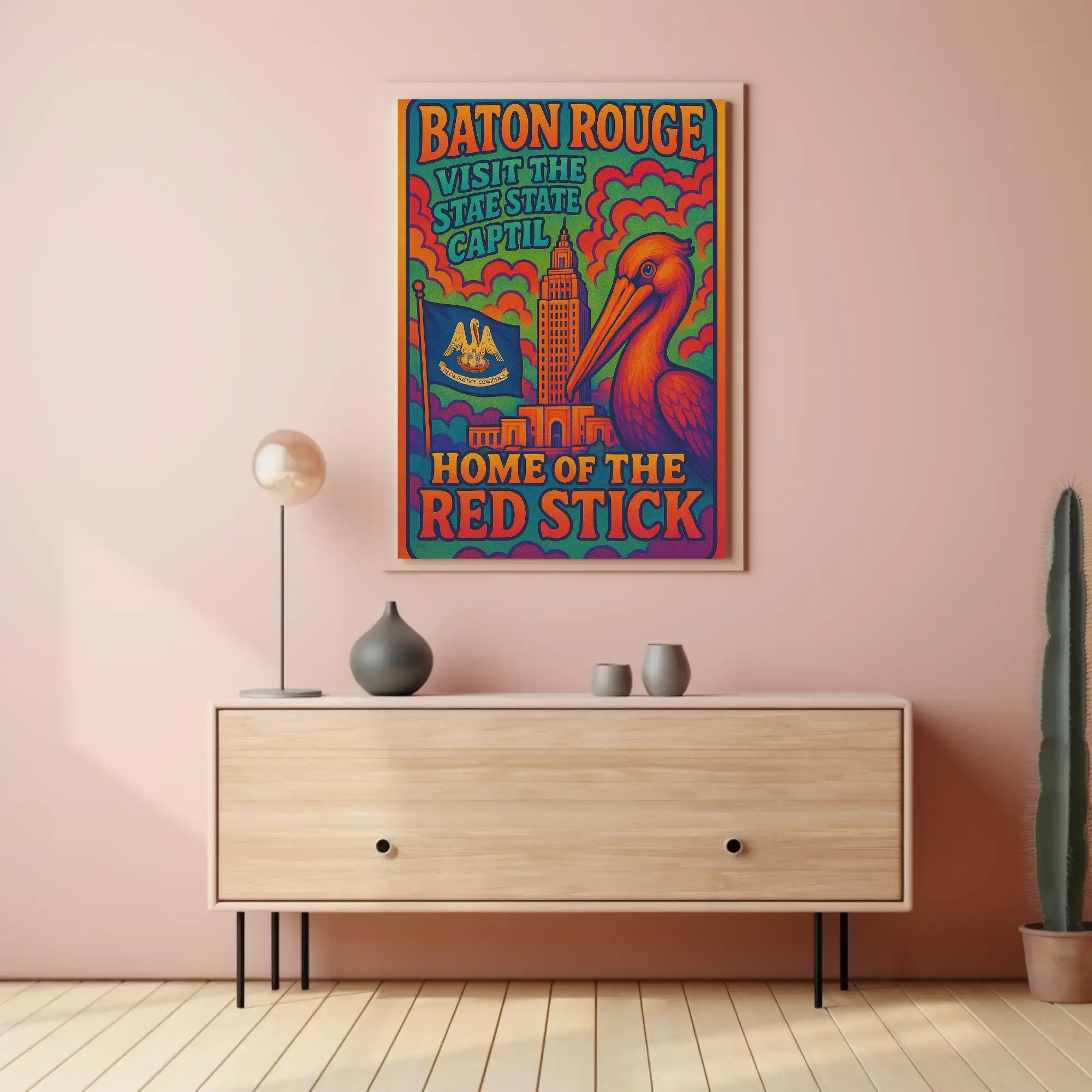Baton Rouge Retro Pelican Travel Poster PosterGoat