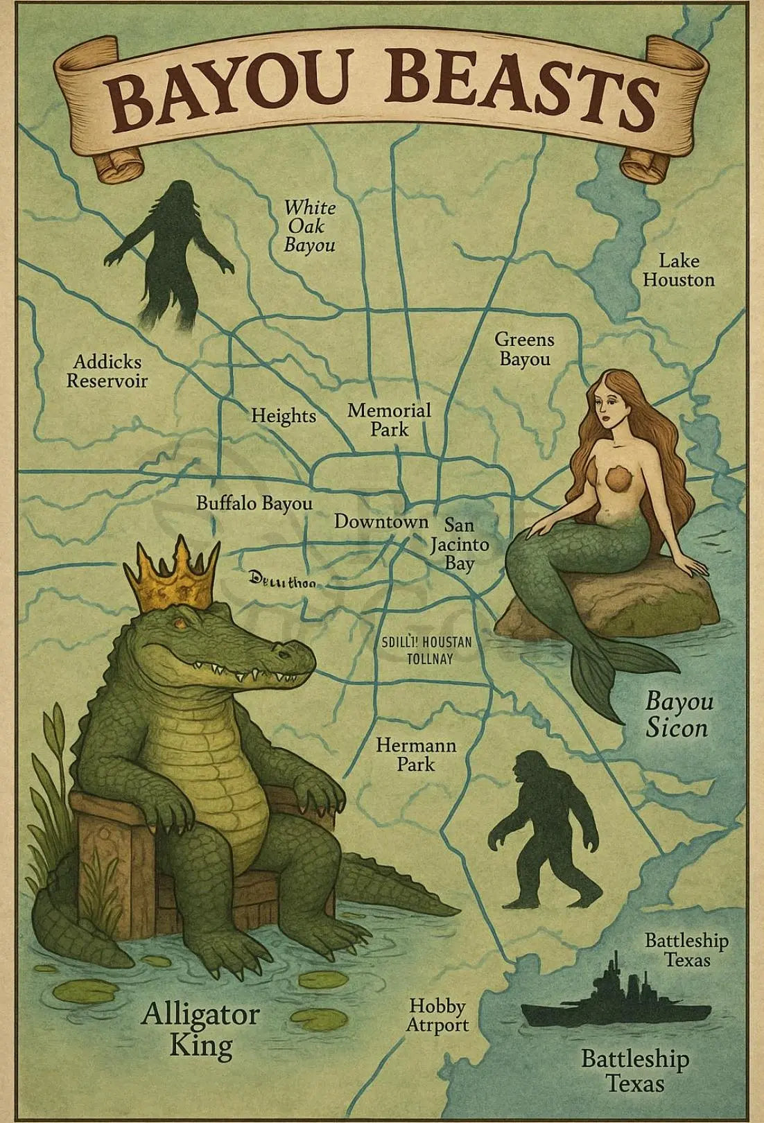 Bayou Beasts Vintage Adventure Map Cultural Poster PosterGoat