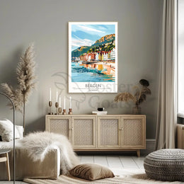 Bergen Coastal View Travel Poster PosterGoat