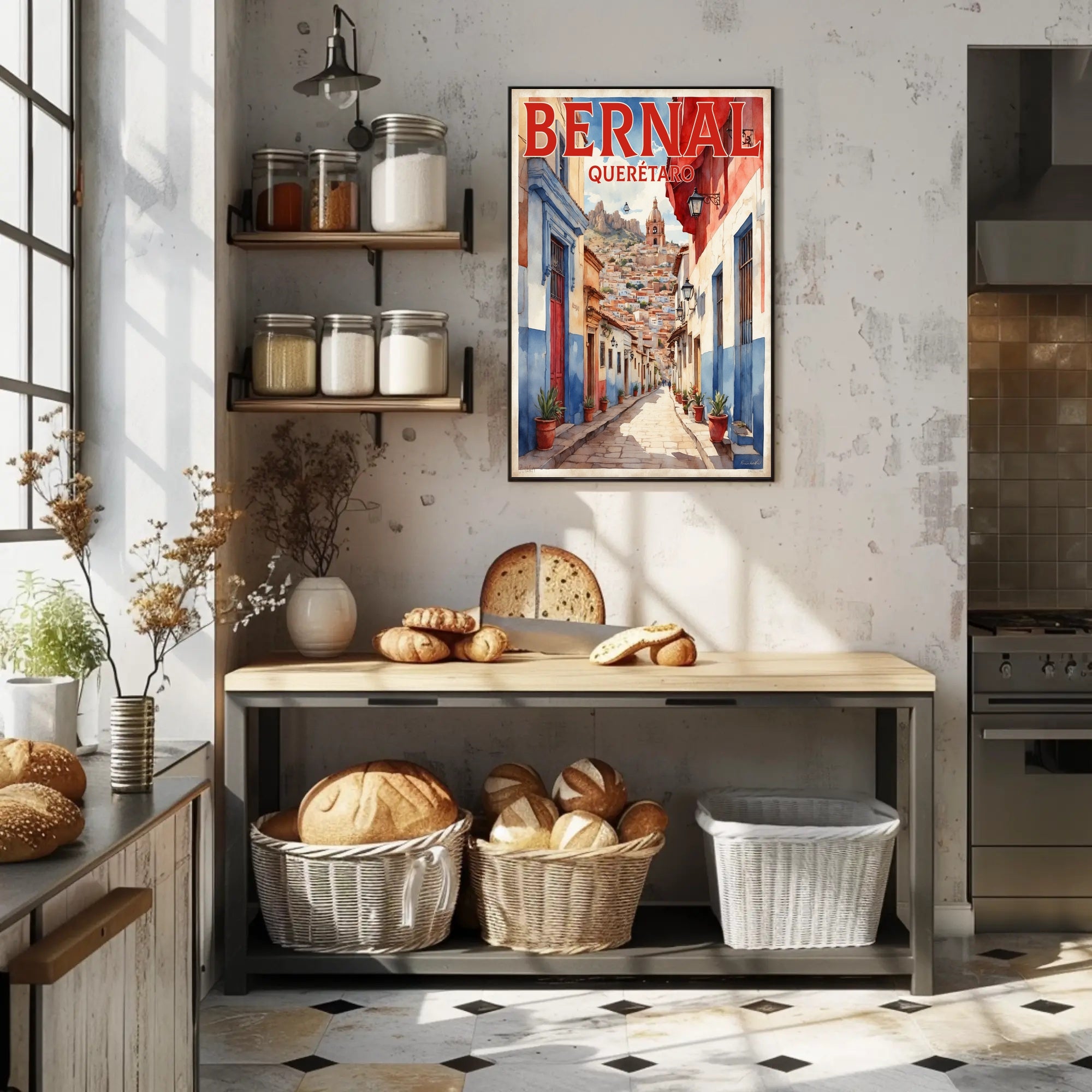 Bernal Street Scene Photorealistic Travel Poster PosterGoat