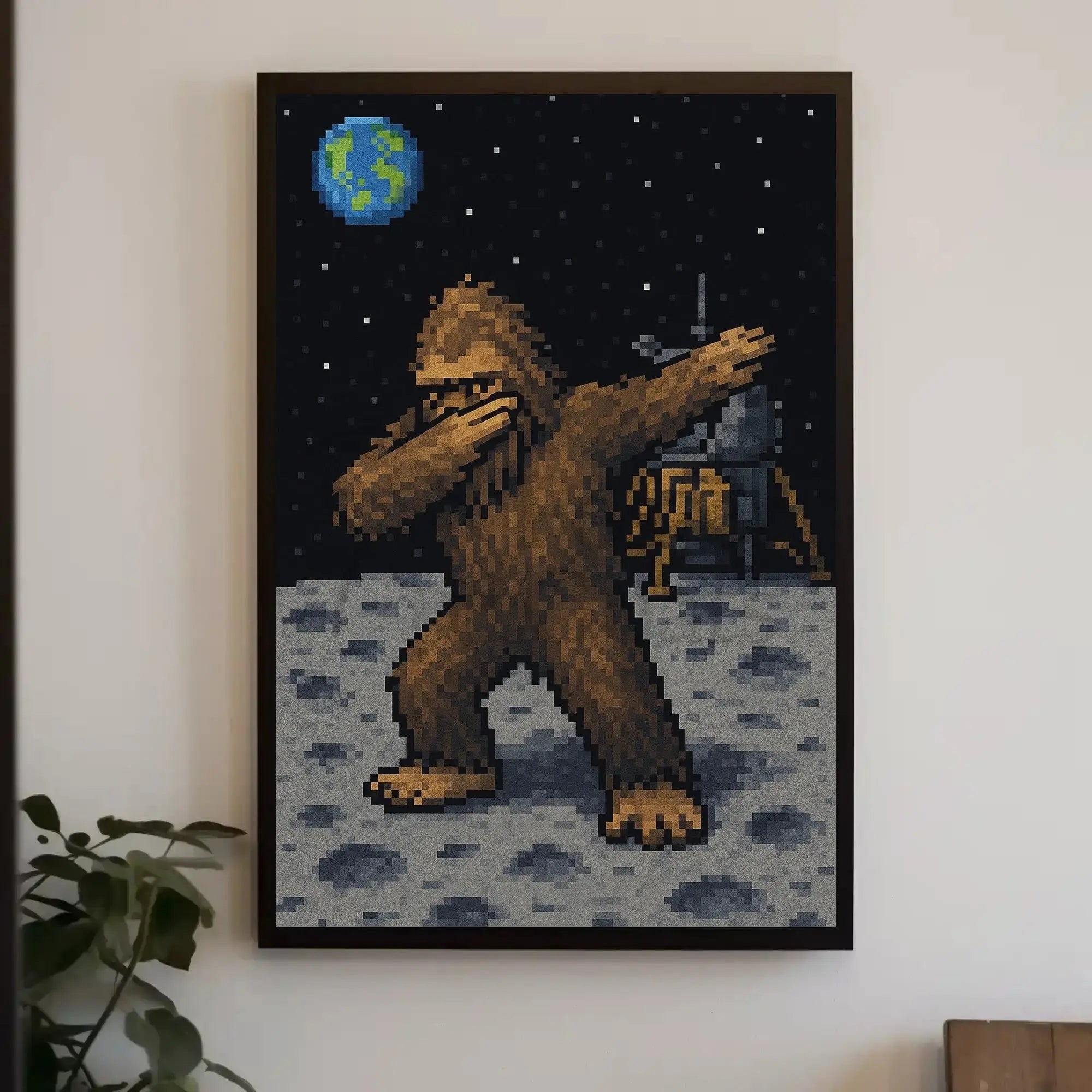 Bigfoot Dab on Moon Pixel Art Pop Culture Poster PosterGoat