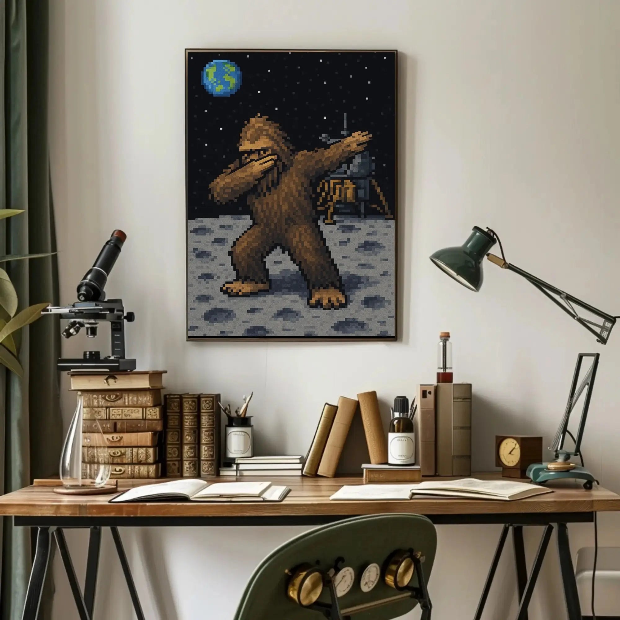 Bigfoot Dab on Moon Pixel Art Pop Culture Poster PosterGoat