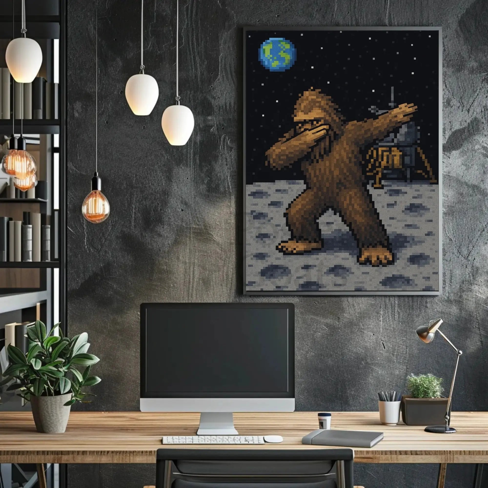 Bigfoot Dab on Moon Pixel Art Pop Culture Poster PosterGoat