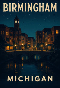 Birmingham Michigan Nostalgic Urban Nightscape Travel Poster PosterGoat