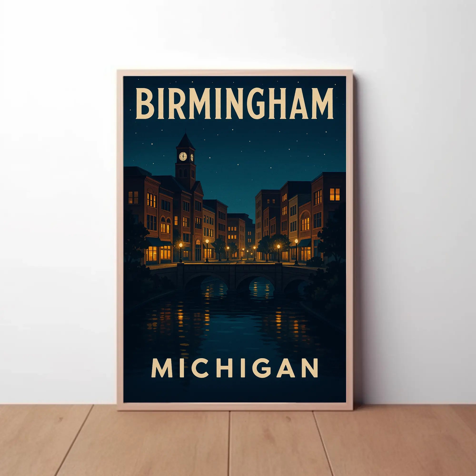 Birmingham Michigan Nostalgic Urban Nightscape Travel Poster PosterGoat