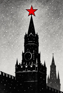 Black And White Clock Tower Illustration Poster With Red Star Decor PosterGoat