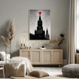 Black And White Clock Tower Illustration Poster With Red Star Decor PosterGoat