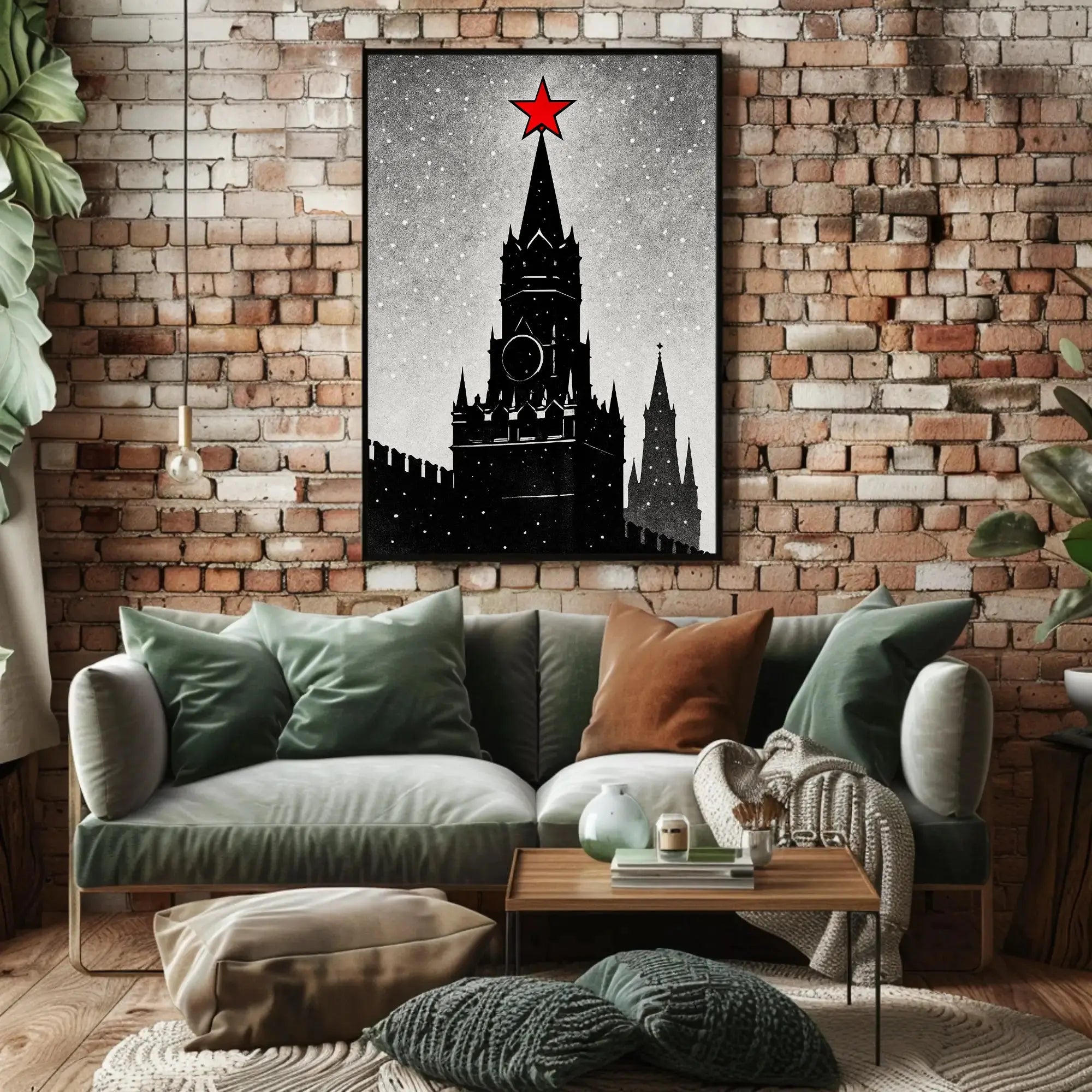 Black And White Clock Tower Illustration Poster With Red Star Decor PosterGoat