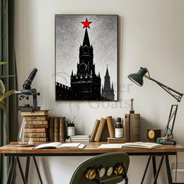 Black And White Clock Tower Illustration Poster With Red Star Decor PosterGoat