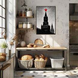 Black And White Clock Tower Illustration Poster With Red Star Decor PosterGoat
