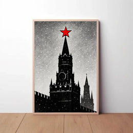 Black And White Clock Tower Illustration Poster With Red Star Decor PosterGoat