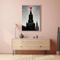 Black And White Clock Tower Illustration Poster With Red Star Decor PosterGoat