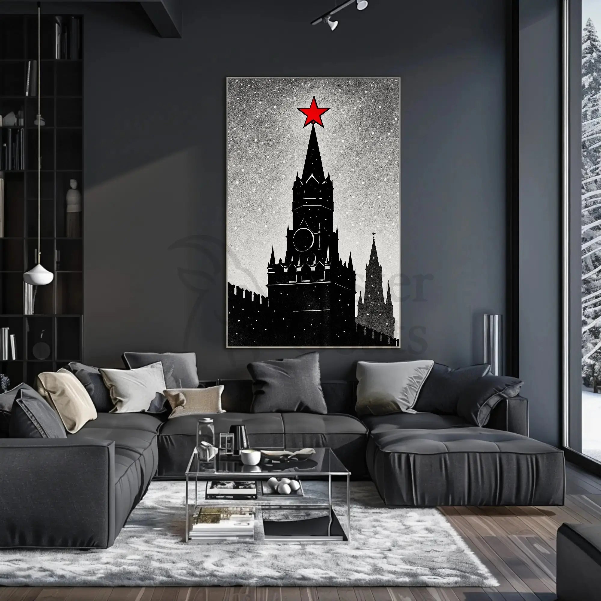 Black And White Clock Tower Illustration Poster With Red Star Decor PosterGoat