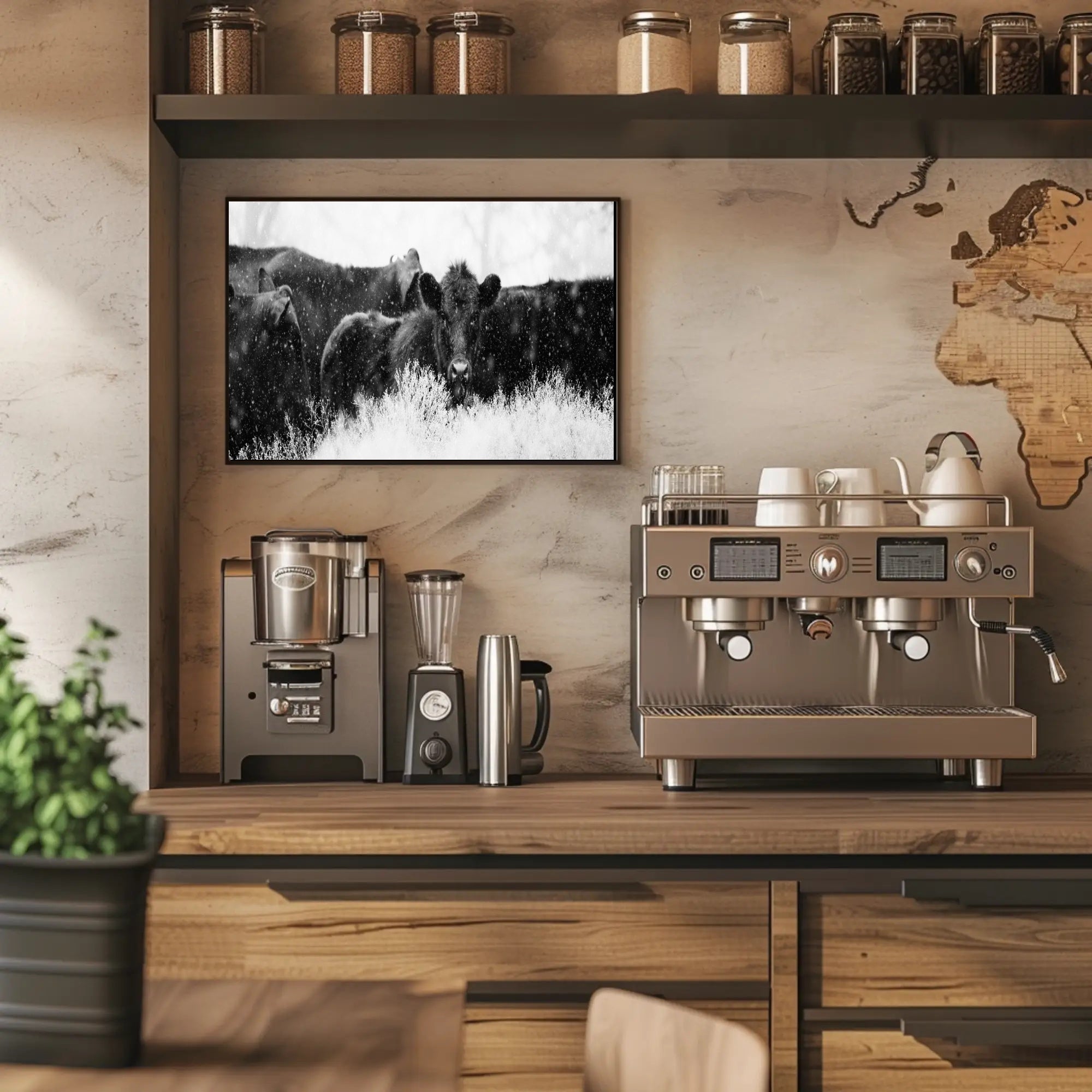 Black Cattle in Snowy Landscape Animal Poster PosterGoat