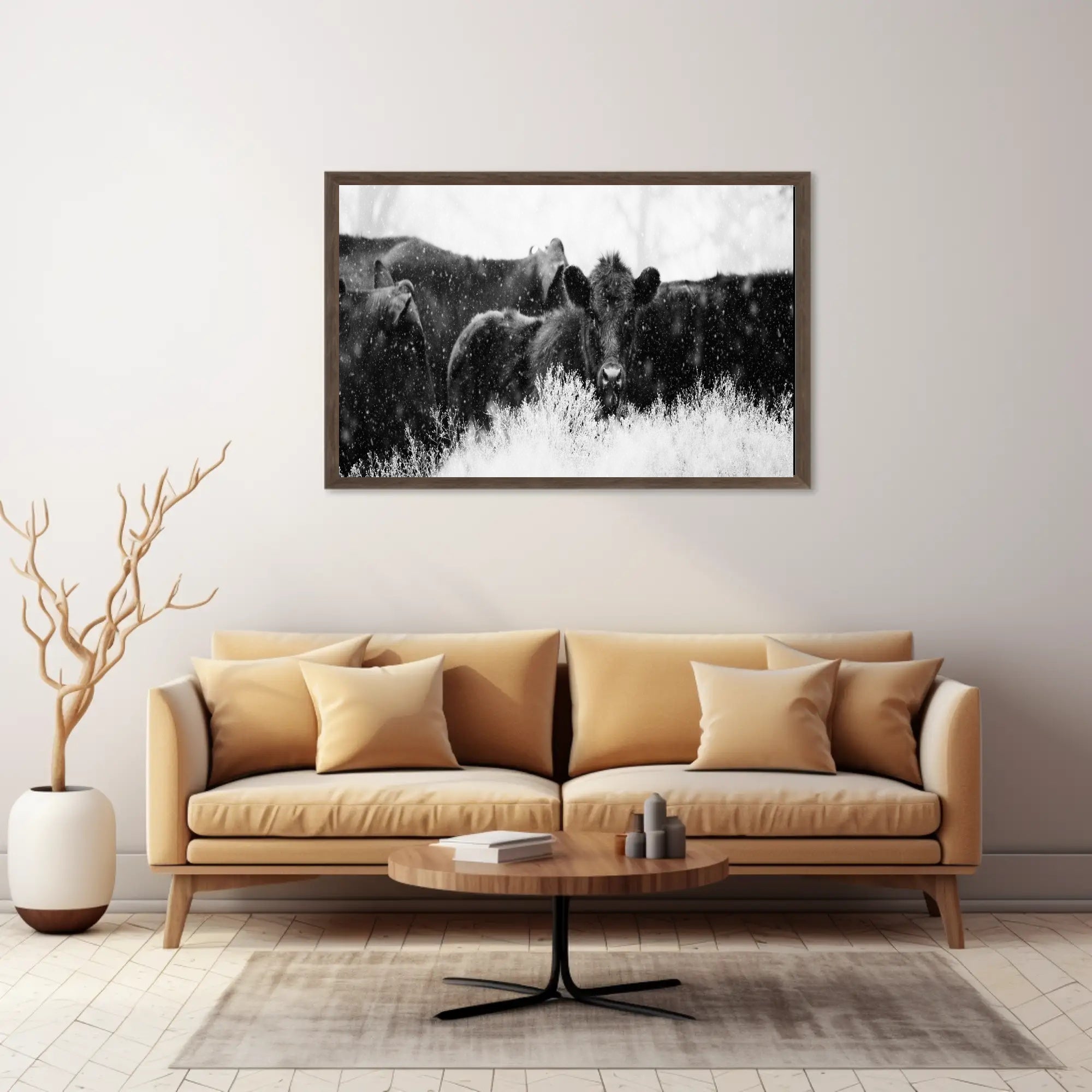 Black Cattle in Snowy Landscape Animal Poster PosterGoat