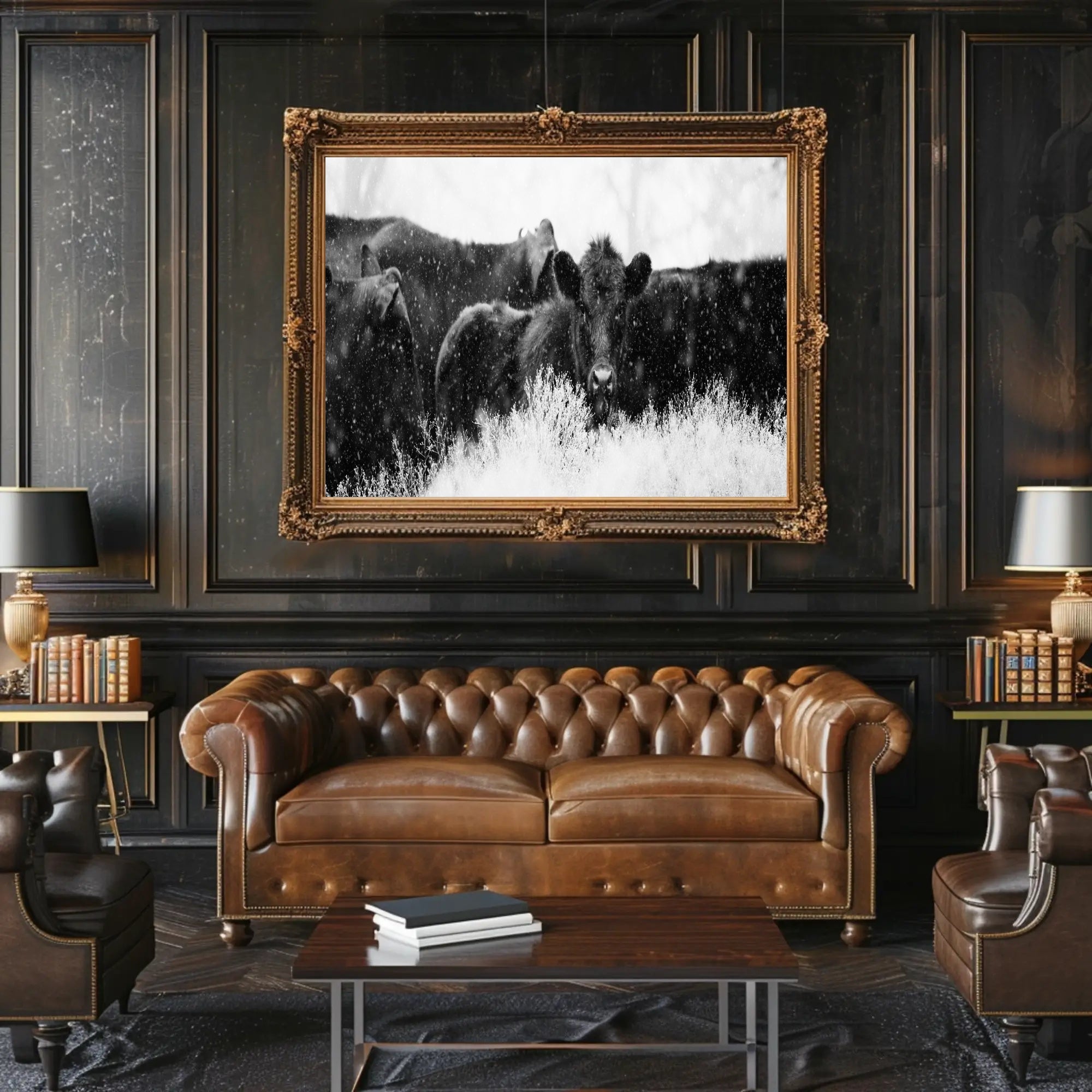 Black Cattle in Snowy Landscape Animal Poster PosterGoat