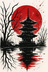 Blood Moon Over Pagoda Artistic Poster PosterGoat