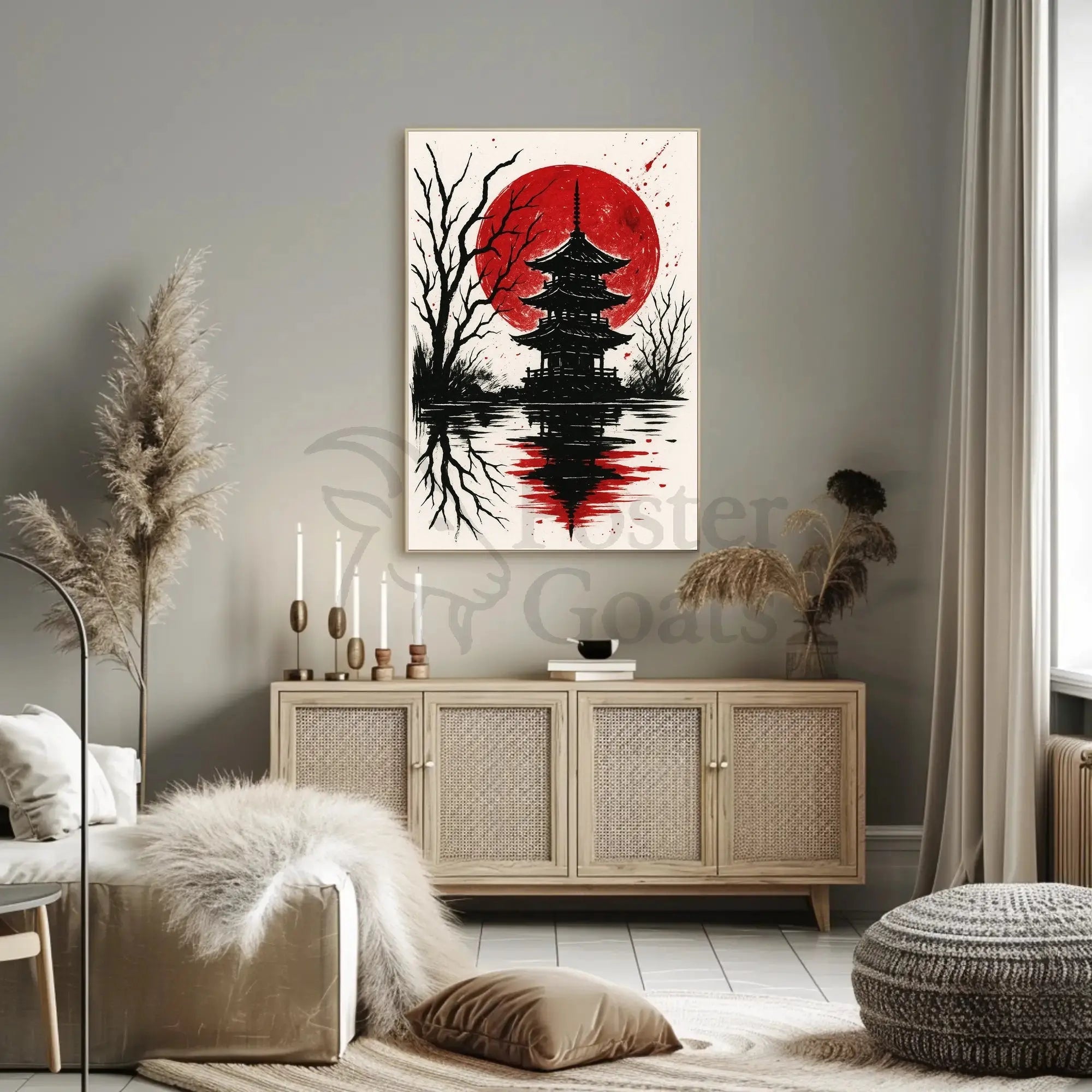 Blood Moon Over Pagoda Artistic Poster PosterGoat