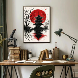 Blood Moon Over Pagoda Artistic Poster PosterGoat