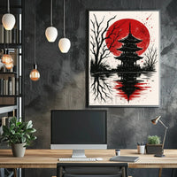 Blood Moon Over Pagoda Artistic Poster PosterGoat