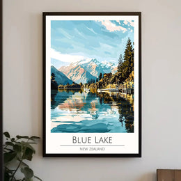 Blue Lake New Zealand Stylized Nature Travel Poster PosterGoat