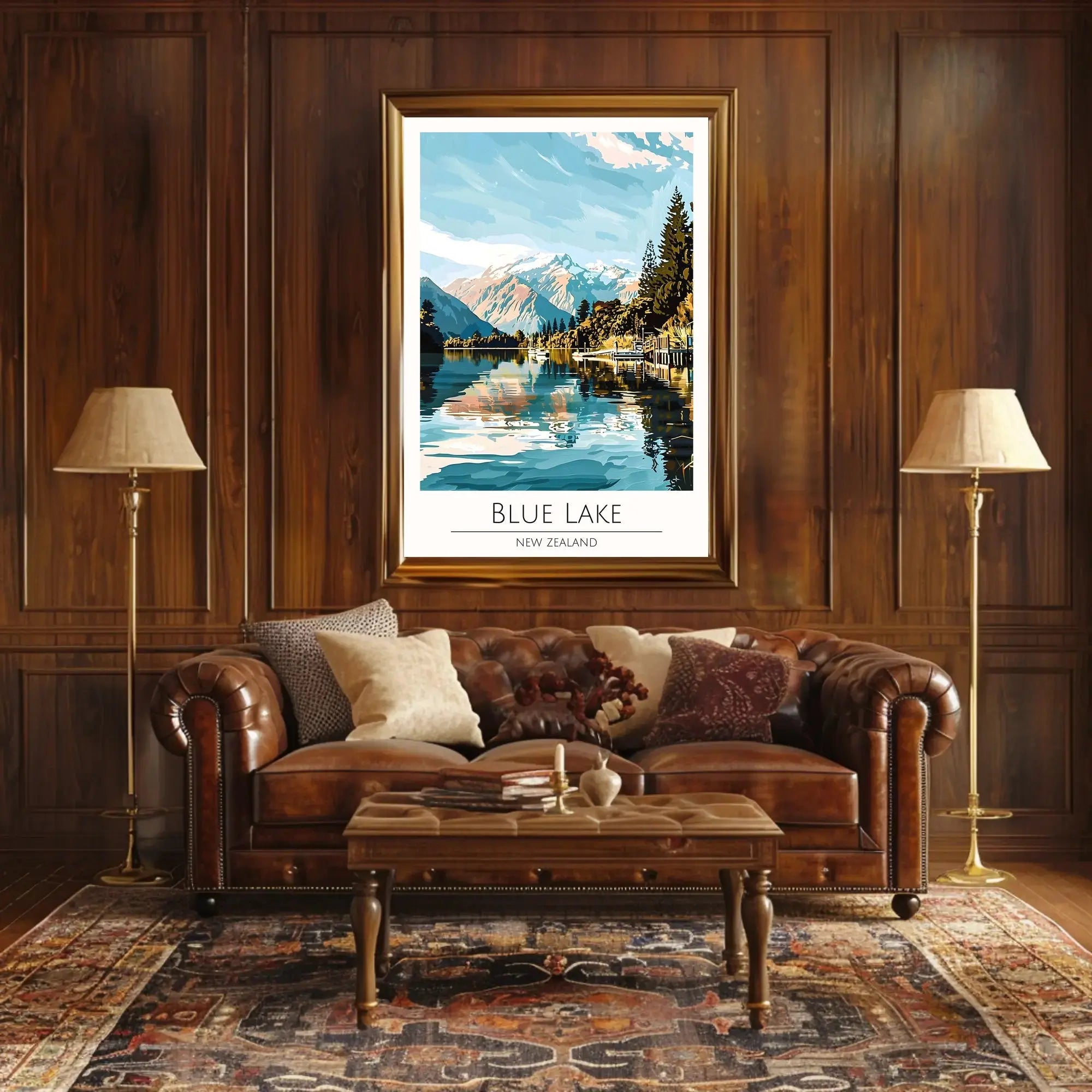 Blue Lake New Zealand Stylized Nature Travel Poster PosterGoat