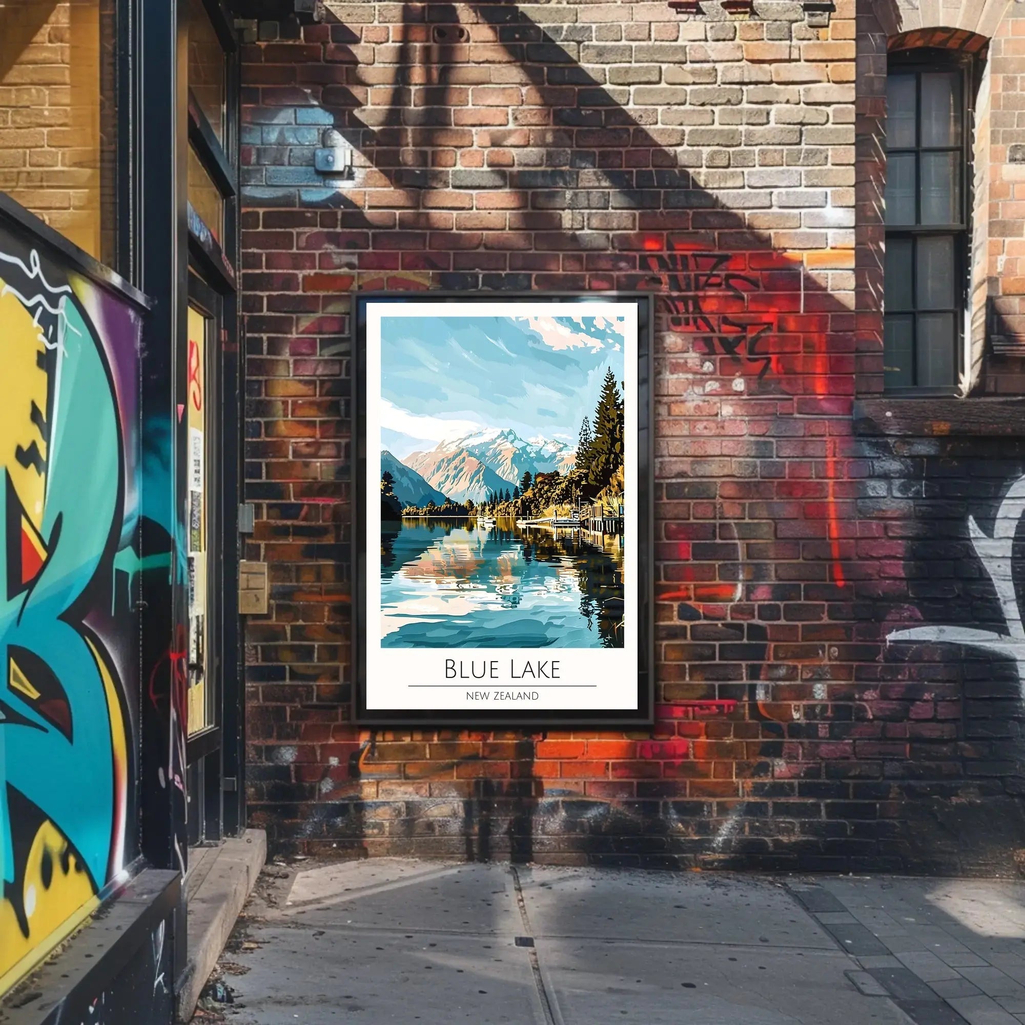 Blue Lake New Zealand Stylized Nature Travel Poster PosterGoat