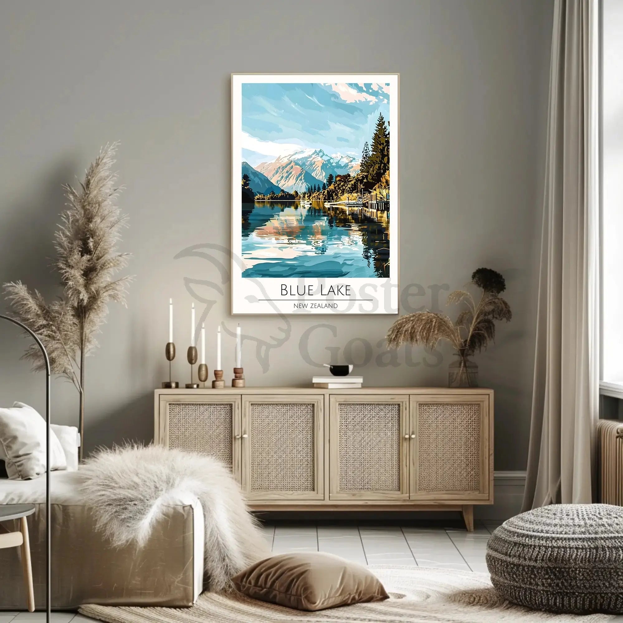 Blue Lake New Zealand Stylized Nature Travel Poster PosterGoat