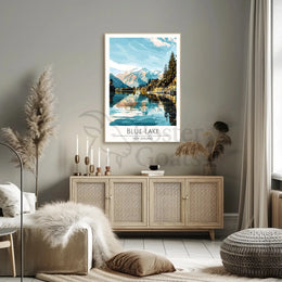 Blue Lake New Zealand Stylized Nature Travel Poster PosterGoat