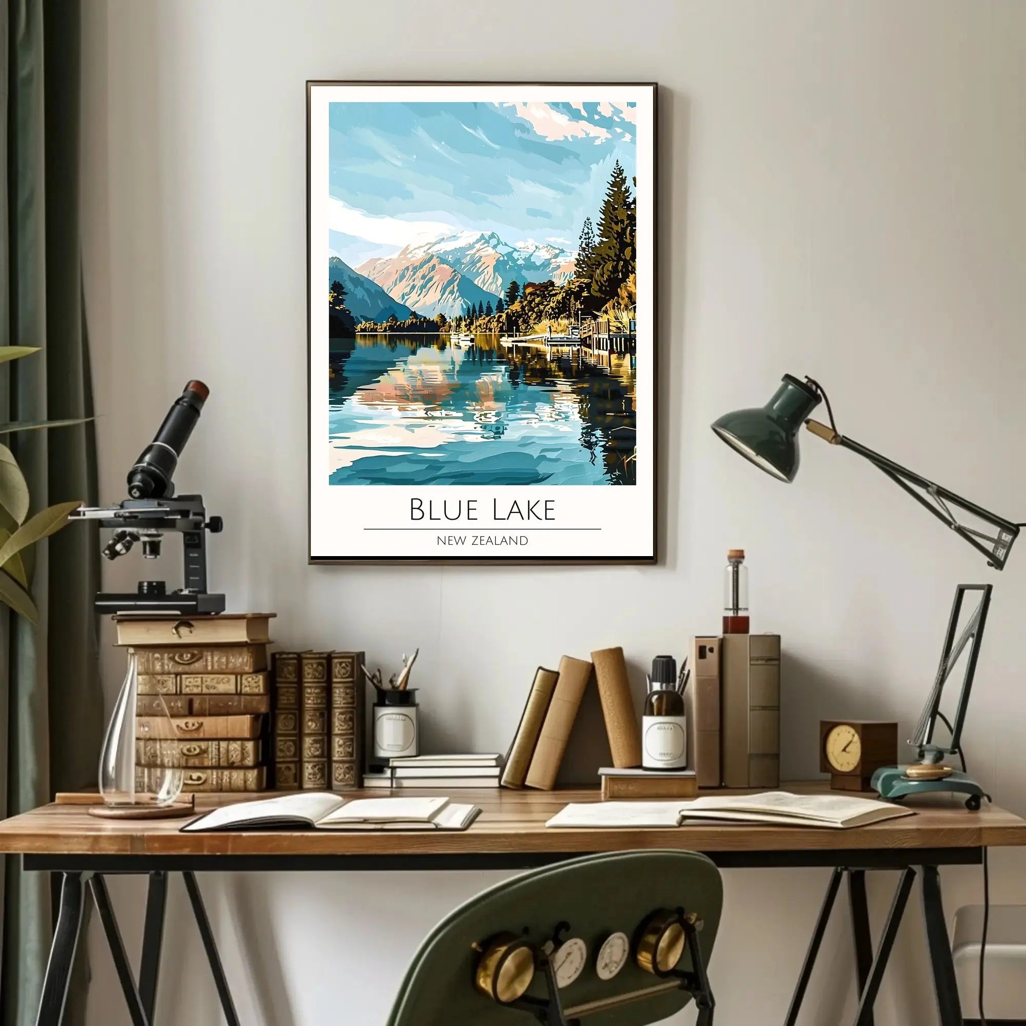 Blue Lake New Zealand Stylized Nature Travel Poster PosterGoat