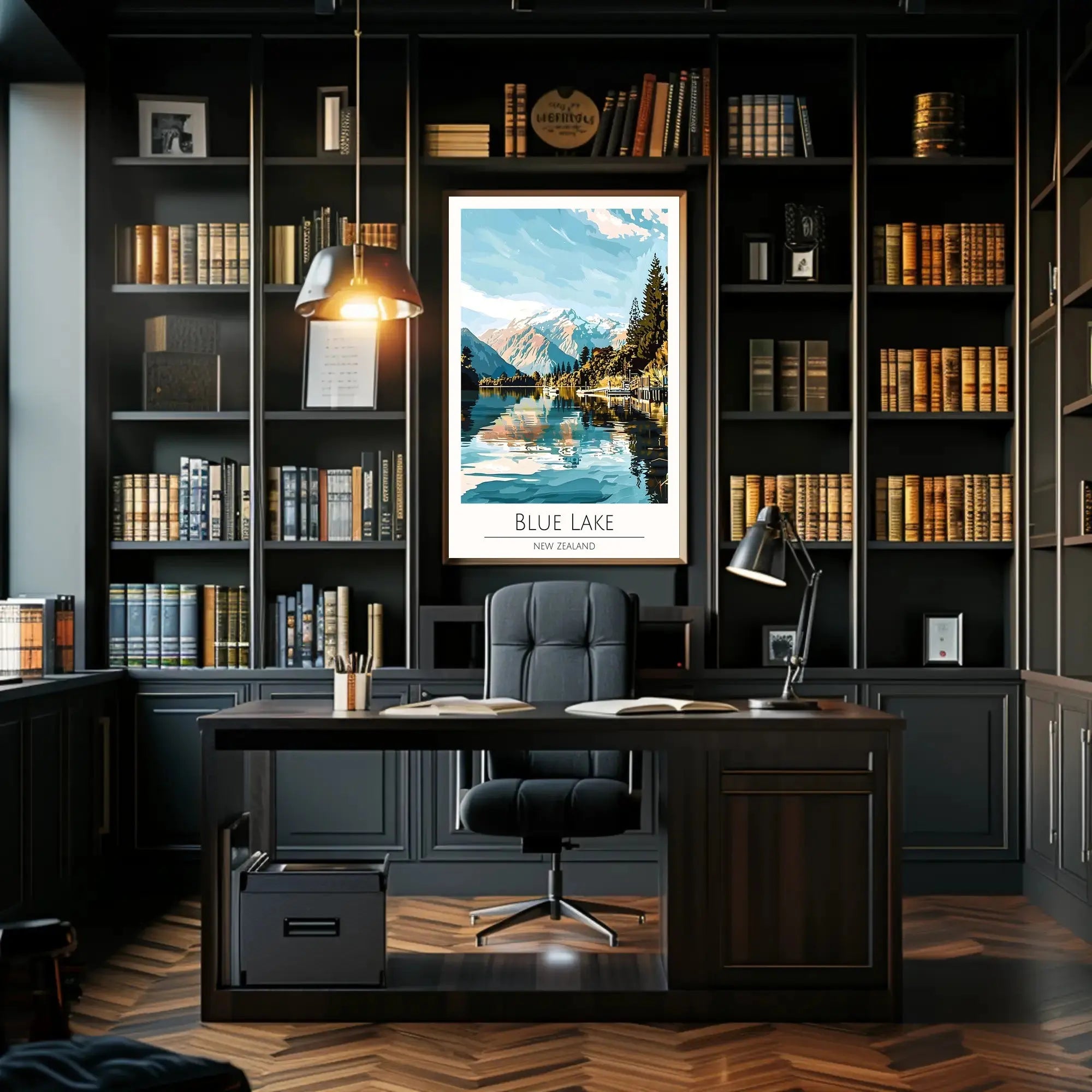 Blue Lake New Zealand Stylized Nature Travel Poster PosterGoat