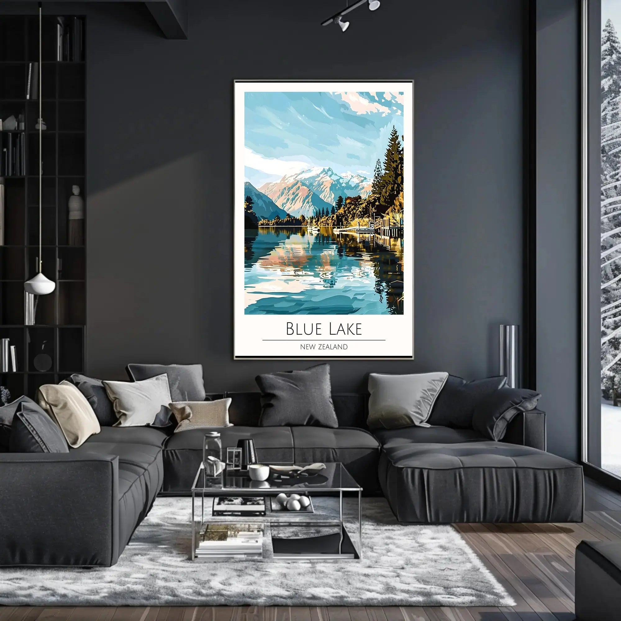 Blue Lake New Zealand Stylized Nature Travel Poster PosterGoat