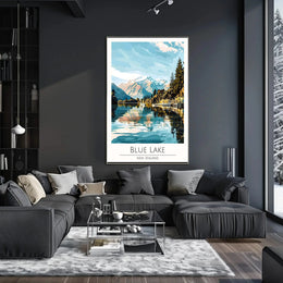 Blue Lake New Zealand Stylized Nature Travel Poster PosterGoat