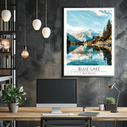 Blue Lake New Zealand Stylized Nature Travel Poster PosterGoat