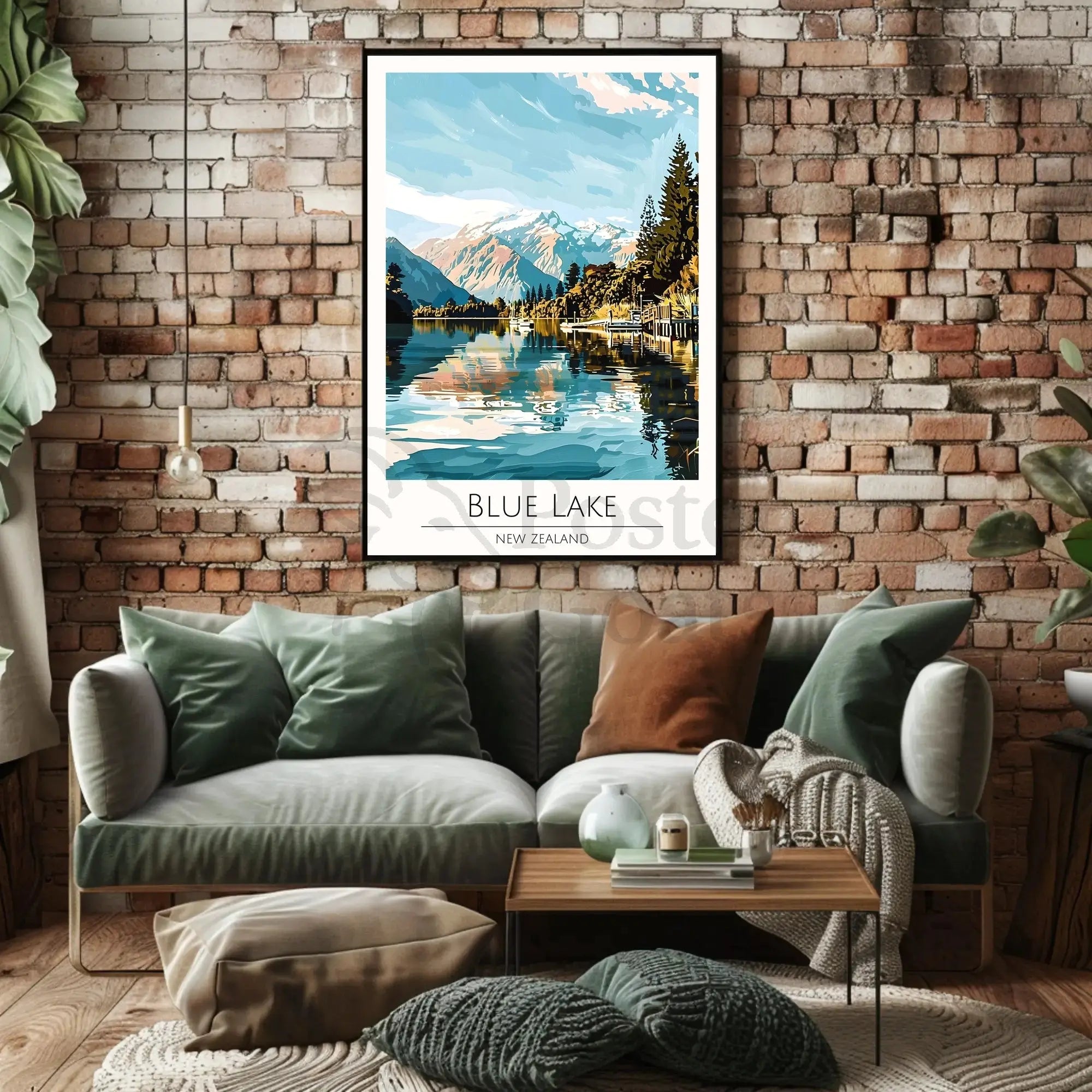 Blue Lake New Zealand Stylized Nature Travel Poster PosterGoat