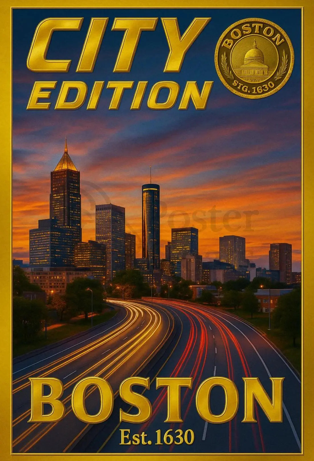 Boston Skyline Sunset: Modern City Edition Travel Poster PosterGoat