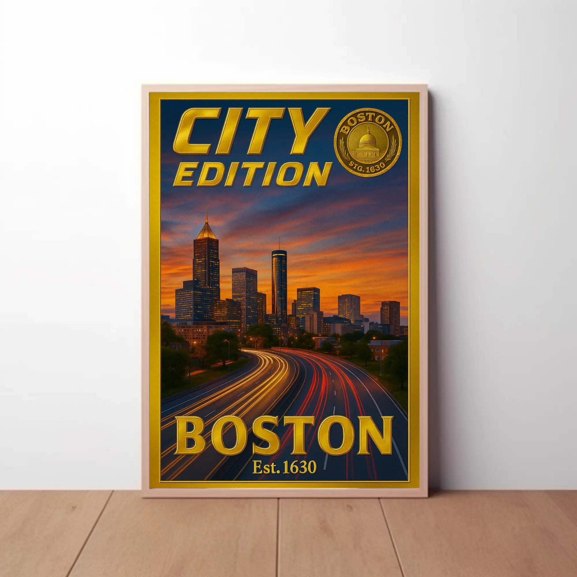 Boston Skyline Sunset: Modern City Edition Travel Poster PosterGoat
