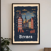Bremen Nightscape: Vintage European Urban or Cityscape Poster PosterGoat