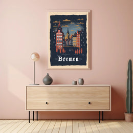 Bremen Nightscape: Vintage European Urban or Cityscape Poster PosterGoat