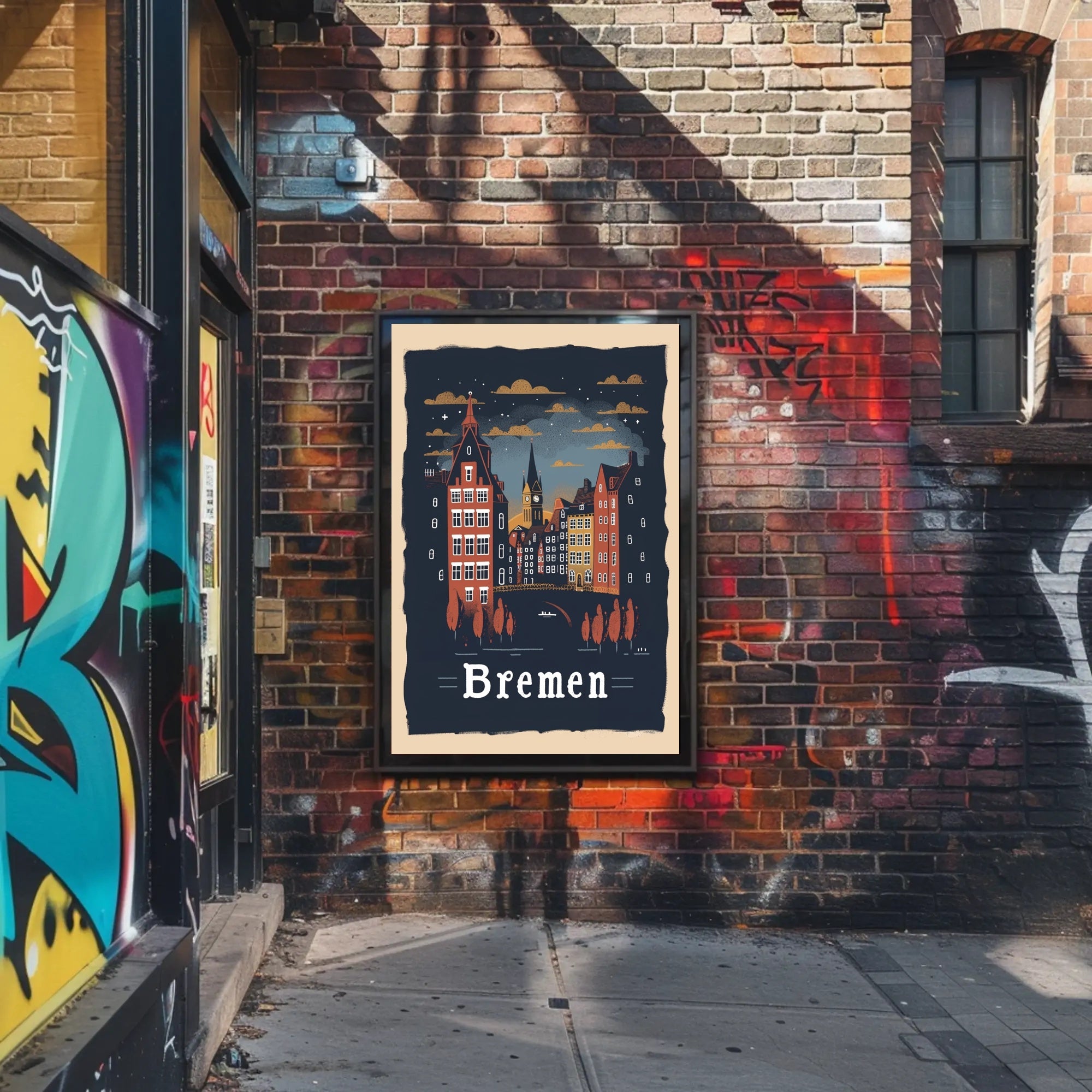 Bremen Nightscape: Vintage European Urban or Cityscape Poster PosterGoat