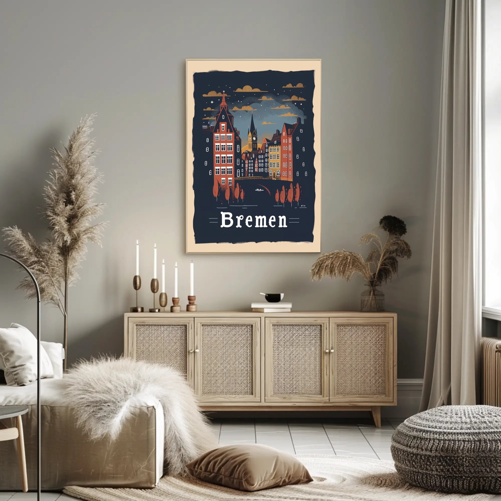 Bremen Nightscape: Vintage European Urban or Cityscape Poster PosterGoat